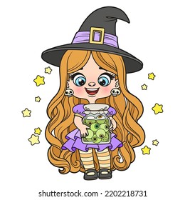 Cute cartoon girl in Halloween witch dress hold large jar with eye ingredient in hands color variation for coloring page on white background
