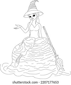 Cute cartoon girl in a Halloween witch coloring page for kids and children