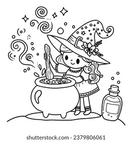 Cute cartoon girl in a Halloween witch dress with brews a potion in a Witch cauldron outlined for coloring page on white background