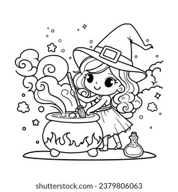 Cute cartoon girl in a Halloween witch dress with brews a potion in a Witch cauldron outlined for coloring page on white background