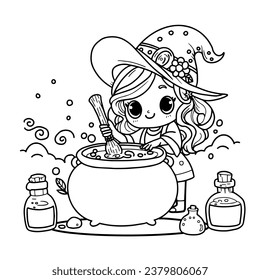 Cute cartoon girl in a Halloween witch dress with brews a potion in a Witch cauldron outlined for coloring page on white background