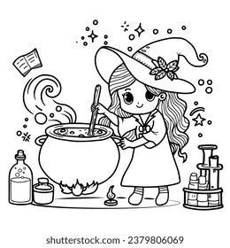 Cute cartoon girl in a Halloween witch dress with brews a potion in a Witch cauldron outlined for coloring page on white background