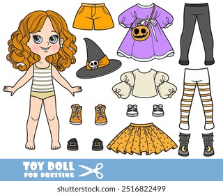 Menina de desenho animado bonito com Halloween bruxa traje construtor. Imagem produzida sem a utilização de qualquer forma de software de IA em qualquer fase.