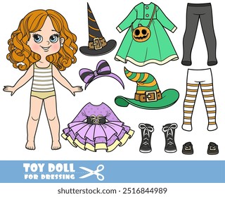 Menina de desenho animado bonito com Halloween bruxa traje construtor com chapéus, vestidos, meias e botas . Imagem produzida sem a utilização de qualquer forma de software de IA em qualquer fase.