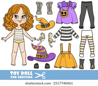 Menina de desenho animado bonito com Halloween bruxa construtor de fantasia com chapéus, vestidos, meias, botas e saco. Imagem produzida sem a utilização de qualquer forma de software de IA em qualquer fase.