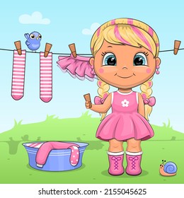 Cute cartoon girl hangs up laundry. Vector illustration of a woman in pink clothes.