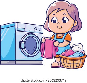 A cute cartoon girl is happily doing laundry near a washing machine, holding a pink shirt.