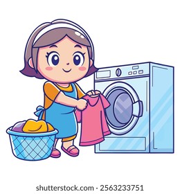 A cute cartoon girl is happily doing laundry near a washing machine, holding a pink shirt.