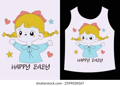 Cute Cartoon Girl with Happy Baby Text on Kids' Tank Top Design