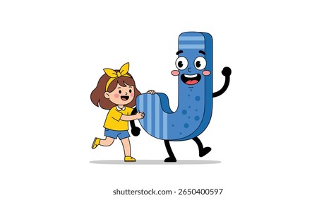 Cute cartoon girl and happy blue letter j character running together on white background