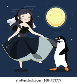 Cute Cartoon Girl Happy Dance with the Smart and Cool Penguin Guy in Full Moon Night Sky Dark Blue Background 
