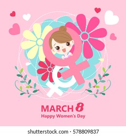 cute cartoon girl with happy womens day