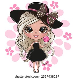 Cute Cartoon Girl with hat and lollipop