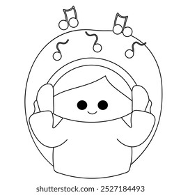 Cute cartoon girl in headphone in black and white