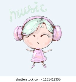 Cute cartoon girl with headphones is listening to music and singing. Vector illustration for fashion apparel , web baners, icons or posters
