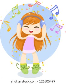 Cute cartoon girl with headphones is listening to music. Vector illustration