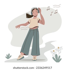Cute cartoon girl in headsphone walking and dancing. Joyful young woman enjoy life.