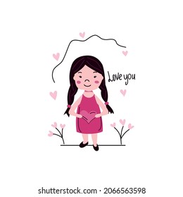 Cute cartoon girl with heart. Card for Valentine Day. Vector illustration.