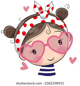 Cute Cartoon Girl with hearts glasses on a white background