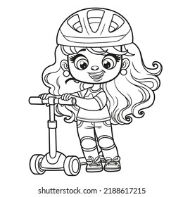 Cute cartoon girl in a helmet and with a scooter outlined for coloring page on white background