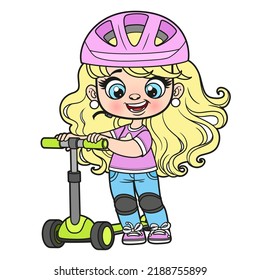 Cute Cartoon Girl In Helmet And With A Scooter Color Variation For Coloring Page On White Background