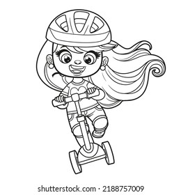 Cute Cartoon Mädchen in einem Helm Geschwindigkeit auf einem Roller umrissen für die Farbseite auf weißem Hintergrund