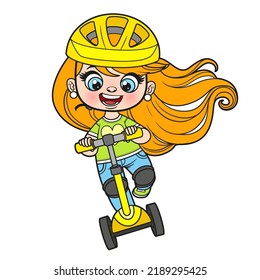 Cute Cartoon Girl In A Helmet Speeding On A Scooter Color Variation For Coloring Page On White Background