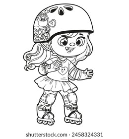 Cute cartoon girl in a helmet and wearing protective gear on roller skates forward outlined for coloring page on white background. Image produced without the use of any form of AI software at any stag