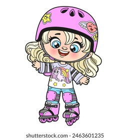 Cute cartoon girl in a helmet and wearing protective gear on roller skates on white background. Image produced without the use of any form of AI software at any stage.