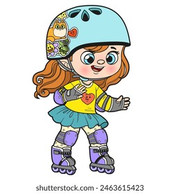 Cute cartoon girl in a helmet and wearing protective gear on roller skates forward on white background. Image produced without the use of any form of AI software at any stage.