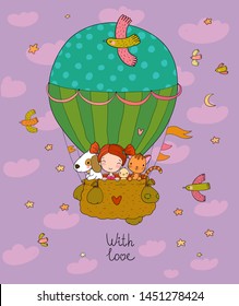 Cute cartoon girl and her friends are flying in a balloon. Little princess, chicken, cat and puppy