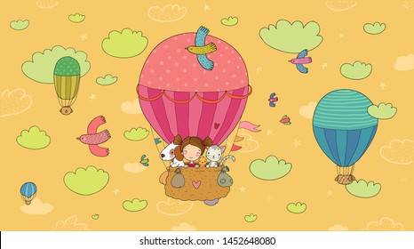 Cute cartoon girl and her friends are flying in a balloon. Little princess, chicken, cat and puppy