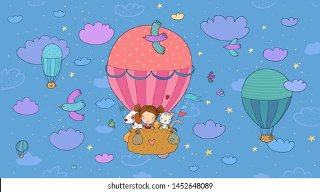 Cute cartoon girl and her friends are flying in a balloon. Little princess, chicken, cat and puppy