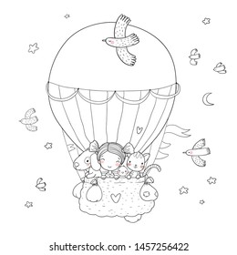 Cute cartoon girl and her friends are flying in a balloon. Little princess, chicken, cat and puppy