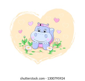 Cute cartoon girl hippo lying on the ground among flowers with the heart background. Hand drawn vector illustration.