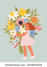 Muchacha de dibujos animados con un Bouquet de flores. El niño está escondido detrás de un gran ramo de flores, para la mejor mamá, linda ilustración vectorial para el Feliz Día de la Madre.