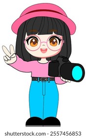 Cute Cartoon Girl Holding a Camera and Making a Peace Sign