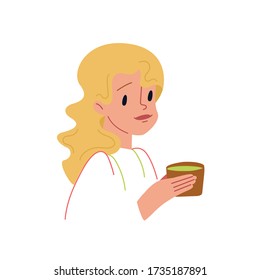 Cute cartoon girl holding a delicious matcha tea in her hand. A young woman with a cup of organic drink. The concept of healthy eating. Vector illustration isolated on a white background.