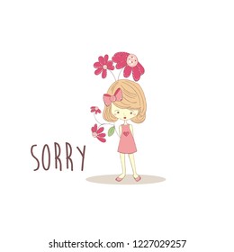 Cute cartoon girl holding flowers feeling sorry. Usable for childish scrapbook, wrappings, stationary, invitations, cards, posters and prints.