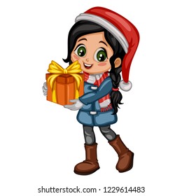 Cute Cartoon Girl Holding a Gift Box with Ribbon Wearing Winter Clothes, Coat, Boots, Santa Hat and Scarf. Little Kid in Christmas Outfit Isolated on White Background