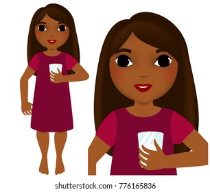 Cute cartoon girl holding  glass of milk. Hispanic little child. Healthy lifestyle illustration. Vector illustration of full body detailed character in a flat style, isolated on white background.