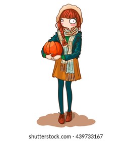 Cute cartoon girl holding in hand big orange pumpkin isolated on white background, Thanksgiving day celebration