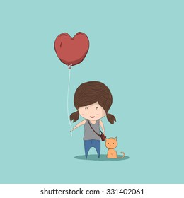 Cute cartoon girl holding heart  shaped balloons   cat  cute Valentine's Day card  drawing by hand vector   digital illustration created without reference image 