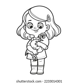 Cute cartoon girl holding a hen in hands outlined for coloring page on white background