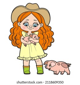Cute cartoon girl holding little pig in her hands and a pig nearby color variation for coloring page on white background