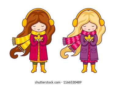 Cute cartoon girl, holding maple leaf in her hands. Set of vector personages.