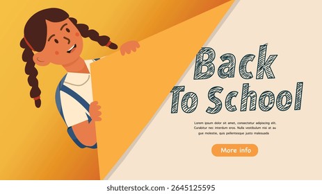 Cute cartoon girl holding open page revealing back to school text on orange background