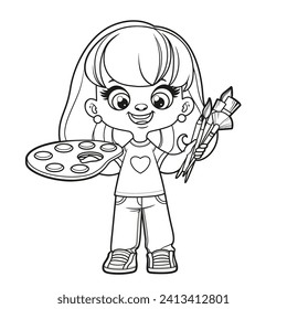 Cute cartoon girl holding the palette with paints and brushes in hands outlined for coloring page 