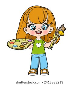 Cute cartoon girl holding the palette with paints and brushes in hands color variation for coloring page