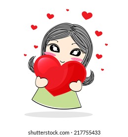 Cute Cartoon Girl Holding A Red Heart